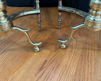 L42 - $150 PAIR. Antique Federal Beehive Style Brass Andirons. Measures 10" wide x 20.5" deep x 20" tall. Signed on the base but illegible.
