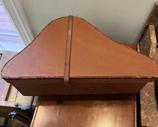 S40 - $50. Knights of Templar Hat Box (box only!) Measures 20" x 11" x 7.75". The back reads "Joseph DeL. Williams New Bern, NC."