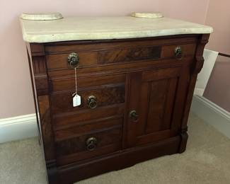 A7 - $150. Antique Marble Top Wash Stand. Measures 31" wide x 17.5" deep x 28" tall. Drawers all slide. Excellent Condition!