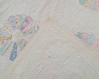 S8 - $75. Hand-pieced, machine quilted Vintage/ Antique Quilt. Measures 82" x 94". Minor staining & small holes from life.