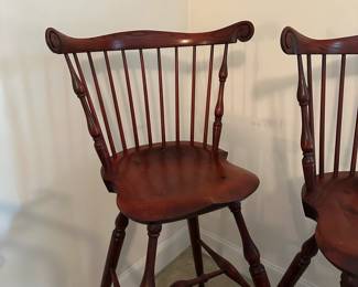U63 - $550 PAIR. Warren Chair Works RI. TALL Wooden Stools. Measures 23" wide x 19.5" deep x 50.5" tall. Floor to Seat is 33.5". These are TALLER than usual bar stools. Check measurements!!! Sturdy. Overall in very good condition - one seat has more scratches than the other.