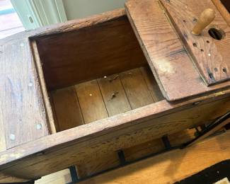 L4 - $250. Antique Swing Churn. Measures 36" wide x 17.5" deep x 26" tall. "Davis Swing Churn No. 3" advertising is still bright on both sides.