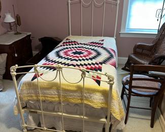 A24 - $400. Brass Beds of VA headboard + footboard. Off white color. Mattress is clean and included if you want it. A25 - PENDING $75. Twin size quilt in excellent condition. Hand Quilted. (Headboard measures 38" wide x 78" deep x 54" tall. Footboard measures 38" wide x 33" tall.)