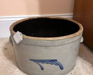 B16 - $225. Believed to be a Richard C Remmey Crock from Philadelphia PA. Measures 12" round x 6.75" tall. Does have a hairline crack and minor chipping. Unique Crock Size!