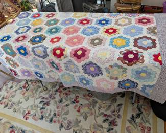 S4 - $65. Vintage Quilt. Measures 70" x 70". Hand Pieced - Hand Quilted. Overall very good vintage/antique condition! Minor holes from wear / washing.
