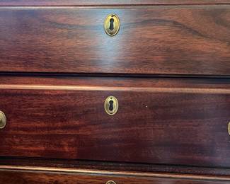 D54- $550. Virginia Galleries Furniture by Henkel-Harris. Measures 43" wide x 19.25" deep x 34.25" tall. Slight Sun Fading on Right Side - all drawers slide. Structurally good!