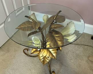 A28 - $300. Italian Lighted Pedestal Table. Hollywood Regency Style. Has "Made in Italy" metal tag still attached. Measures 24" round x 21" tall with glass. WORKS!