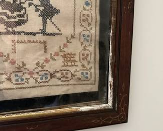 U34 - $40. Framed Antique Sampler. Measures 17" wide x 20.5" tall. Frame has paint chipping.