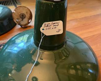 F50 - $40 Vintage Green Enamel Industrial Light. 13.75dx10t