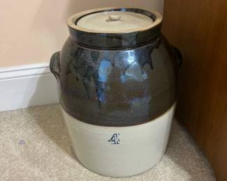 B13 - $45. #4 Crock with Lid. Measures 10.5" x 14" tall.