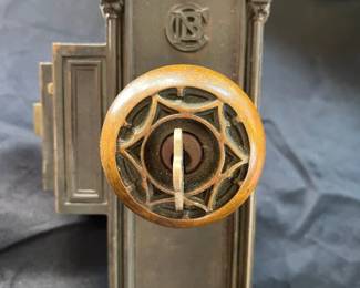 S18 - $200. Antique Bronze Commercial National Bank Door Knob w/key, Lock and Back Plate.