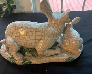 S29 - $100. Crackle Glaze Ceramic/Pottery Rabbit & Baby. Very Heavy. Measures 15.5" wide x 7" deep x 9.5" tall