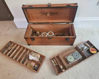 U11 - $150. Antique Wooden Tackle Box - No key. Measures 20" wide x 8" deep x 8" tall.