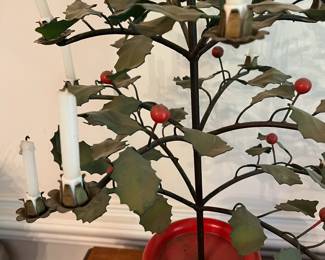 D17- $120. Antique Metal Holly Candelabra Christmas Tree (made in Italy). Measures 22" tall.