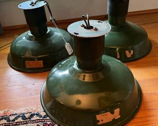 F47- $35 Each. 3 Available. Vintage Westinghouse Green Enamel Industrial Lamp. 12dx10t