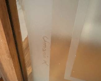 H24 - $1000 PAIR. Vintage French Etched Glass Windows. In the wooden frames measures 24" wide x 49.5" tall. No chips/cracks noted.