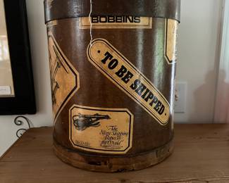 F32- $45. Retro Industrial Display Barrel, Sewing Drum, Sewing Box. Measures 14" round x 16" tall.