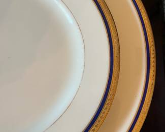 D32- $200. Limoges Dinner Set (9 pieces) Cobalt and Gold - includes 1 soup tureen, 1 cream+ sugar bowl, 1 serving platter (17.5" wide), 1 lidded serving dish, and 1 small platter (14" wide).
