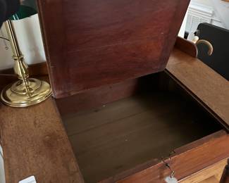 H9 - $450. Antique Solid Wood, Tall Slant Front Teacher Desk. Has Key! Measures 35.5" wide x 24.5" deep x 41.5" tall