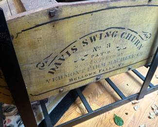 L4 - $250. Antique Swing Churn. Measures 36" wide x 17.5" deep x 26" tall. "Davis Swing Churn No. 3" advertising is still bright on both sides.