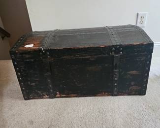 U17 - $125. Antique Wooden Chest. No. 4 stenciled on the top. Measures 31" wide x 18" deep x 14" tall.