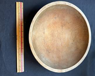 L40 - $175. Antique Dough Bowl in Original Green Paint. Measures 11" wide x 10.5" deep x 3.5" tall. No cracks / issues noted!