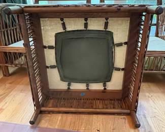 S47 - $175. Antique Rattan Set - NO CUSHIONS. Measures 26" wide x 10" floor to seat x 28.5" tall. Ottoman is 22" square x 11" tall.