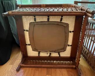 S47 - $175. Antique Rattan Set - NO CUSHIONS. Measures 26" wide x 10" floor to seat x 28.5" tall. Ottoman is 22" square x 11" tall.