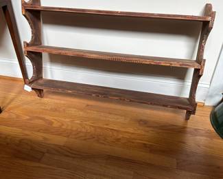 F23- $45. Antique Wooden Wall Shelf. Measures 37" wide x 7" deep x 24.5" tall