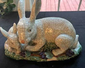 S29 - $100. Crackle Glaze Ceramic/Pottery Rabbit & Baby. Very Heavy. Measures 15.5" wide x 7" deep x 9.5" tall