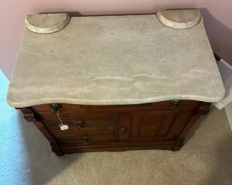 A7 - $150. Antique Marble Top Wash Stand. Measures 31" wide x 17.5" deep x 28" tall. Drawers all slide. Excellent Condition!