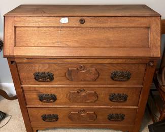 C7 - $150. Small Secretary. Measures 38.25" wide x 17" deep (27" deep when open) x 39" tall. Some old scratches on the right side.