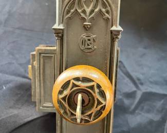 S18 - $200. Antique Bronze Commercial National Bank Door Knob w/key, Lock and Back Plate.