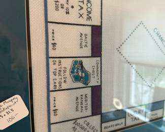 U70 - $100. Vintage Monopoly Board Cross Stitched. Measures 33.5" x 31.5". Has slid down in the frame but overall excellent condition! Great art for a game room!