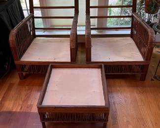 S47 - $175. Antique Rattan Set - NO CUSHIONS. Measures 26" wide x 10" floor to seat x 28.5" tall. Ottoman is 22" square x 11" tall.