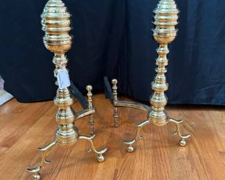 L42 - $150 PAIR. Antique Federal Beehive Style Brass Andirons. Measures 10" wide x 20.5" deep x 20" tall. Signed on the base but illegible.