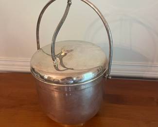 D4- $25. Vintage Gorham Silver Plate Ice Bucket with Milk Glass Insert. Measures 9.25" wide x 14" tall