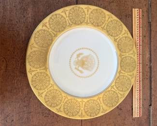 D60 - $1800. Dwight D. Eisenhower White House Plate 1955. Presidential Seal in the center with raised coin gold medallions. Back Stamp reads "Castleton Studios The White House November 1955. Measures 11.5" across. Only 120 produced!