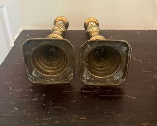 D23- $40. Set of 2 English Edwardian Brass Candle Holders. Measures 9.75" tall
