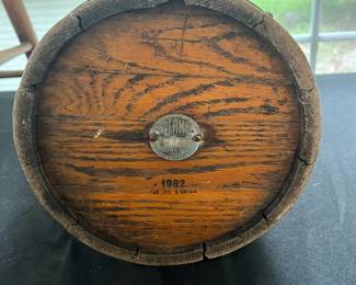 S36 - $45. Vintage Thermos. Wood Frame & Copper lid with glass insert. Measures 8" wide x 16" tall.