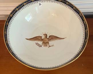 D30- $70. Chinese Export Armorial Eagle Gold Gilt Porcelain Bowl. Measures 12.25" round x 4.75" tall.