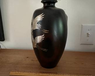 F18- $350. Toyo Bronze Vase with Silver and Gold Overlay. Flying Cranes. Measures 11" tall