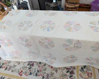 S8 - $75. Hand-pieced, machine quilted Vintage/ Antique Quilt. Measures 82" x 94". Minor staining & small holes from life.