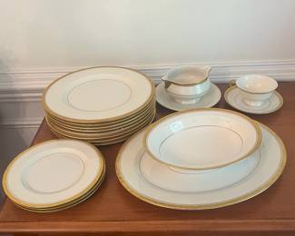 D10- $70. Theodore Haviland Berkley Set, includes 1 large platter, (14x11") 1 small vegetable bowl (9.5x7.5"), 1 gravy boat (5.75x4"), 8 dinner plates (10.75" round), 3 salad plates (8.75" round), 1 cup and saucer.