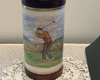 F53- $575. Frank Vosmanski Hand Painted Golfer Lamp. Base is 5.25 d x 20.5" tall.