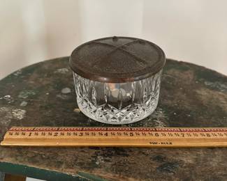 F4 - $10. Cut Glass Trinket lidded Dish. Golf clubs on top. Measures 4.25" wide x 2.75" tall