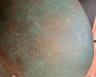 L37 - $125. Round Wooden Dough Bowl. Slightly out of round. Measures 13.5" wide x 12" deep x 4" tall. Blue green exterior.