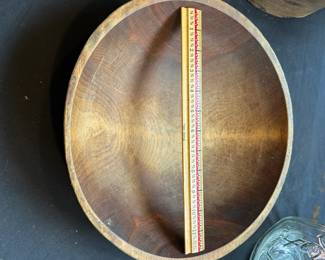L37 - $125. Round Wooden Dough Bowl. Slightly out of round. Measures 13.5" wide x 12" deep x 4" tall. Blue green exterior.