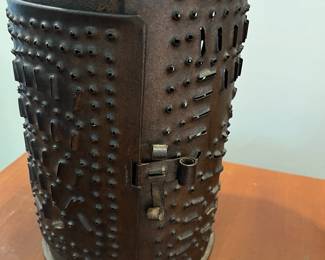S42 - $70. Hand Punched Antique Paul Revere Candle Lantern. Measures 6.25" wide x 16.5" tall.