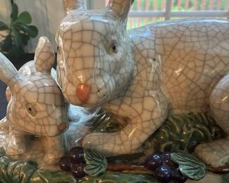 S29 - $100. Crackle Glaze Ceramic/Pottery Rabbit & Baby. Very Heavy. Measures 15.5" wide x 7" deep x 9.5" tall